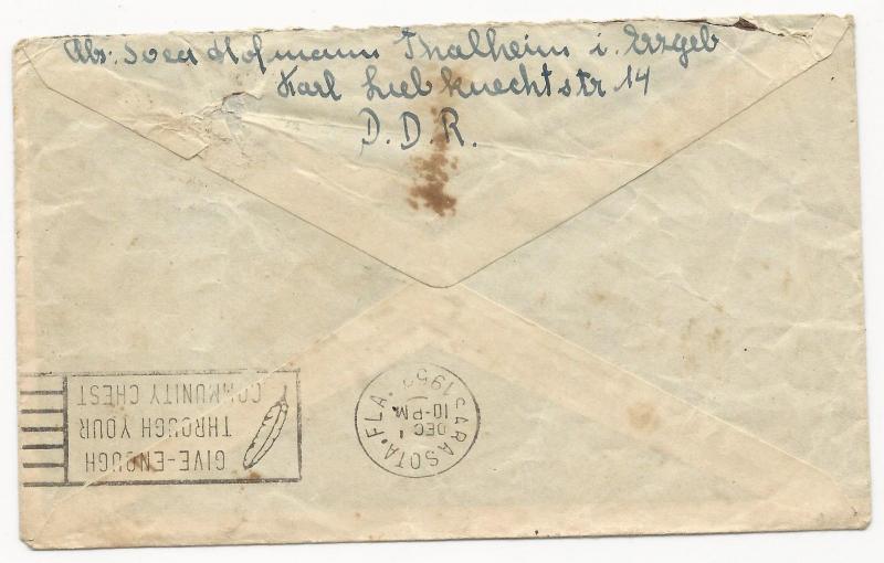 Germany DDR Scott #56 #131 #126 on Cover FWD to Florida USA November 26, 1952