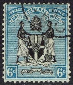 BRITISH CENTRAL AFRICA 1896 ARMS 6D WMK CROWN CA USED