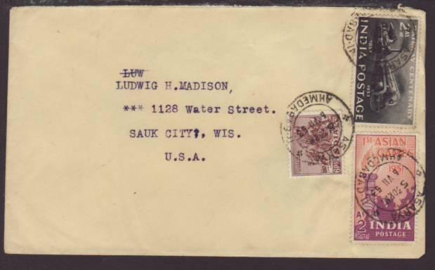 India to Sauk City,WI 1953 Cover