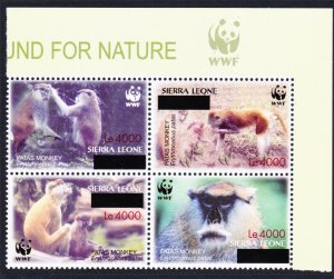 Sierra Leone WWF Patas Monkey with Ovpt T2 Block of 4 WWF Logo 2008 MNH