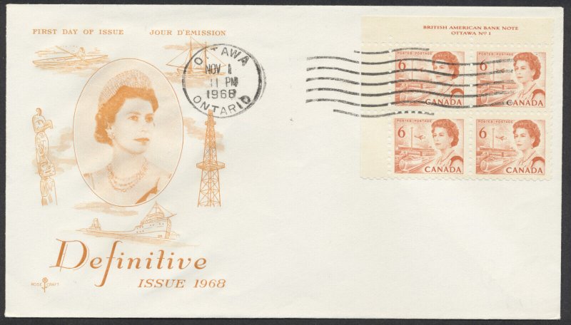 1968 #459 6c QEII Centennial FDC UL Plate Block Rosecraft Cachet Ottawa