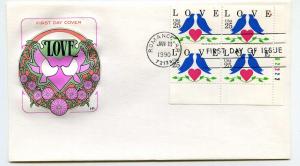 2440 Love 1990, lovebirds, Farnam, HF, plate block, FDC