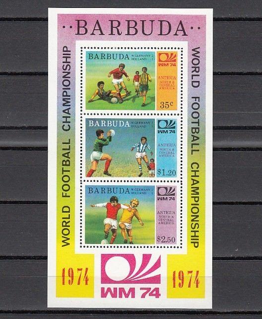 Barbuda, Scott cat 166a. Munich World Cup Soccer s/sheet. Scores in design.