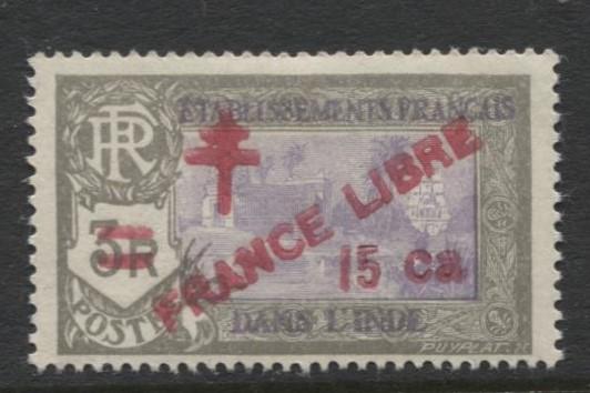 French India - Scott 204 -Overprint France Libre -1943- MVLH-Single  15ca Stamp