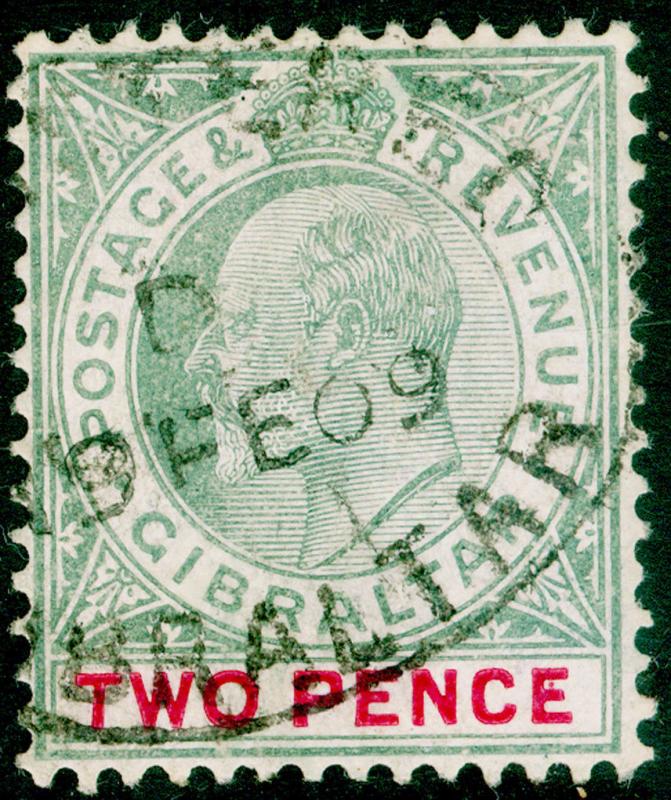 GIBRALTAR SG58a, 2d grey-green & carmine, FINE USED. Cat £14. WMK MULT CA