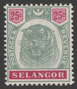 MALAYA - Selangor 1895 Tiger 25c green & carmine.