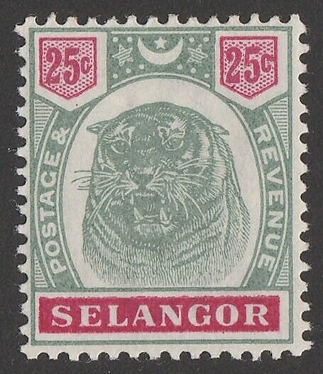 MALAYA - Selangor 1895 Tiger 25c green & carmine.