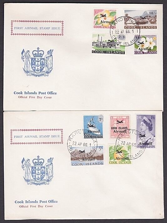 COOK IS 1966 Airmail overprint set complete to £1 on 2 official FDCs.......A1628