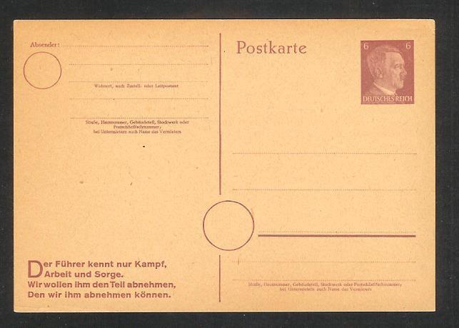 Germany Nazi period postcard postal stationery mint P314 k218