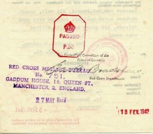 GB Channel Islands WW2 RED CROSS Message GUERNSEY 1941 Manchester *751* MAX33 