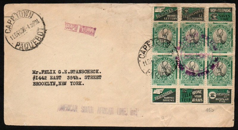 South Africa 1933 Booklet Pane of 6 x ½d with adverts used on 1938 cover front