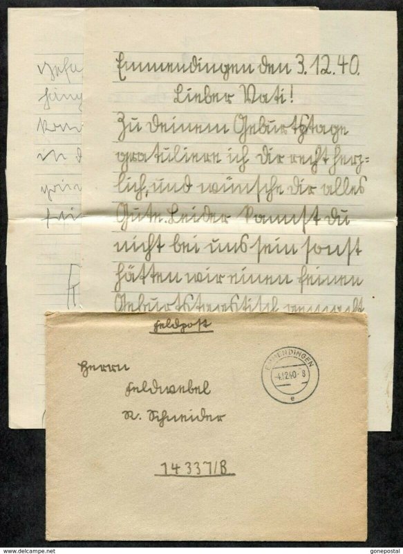 h272 - GERMANY Reich WW2 1940 FELDPOST Cover to FPN 14337 / B. Letter. Brief