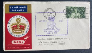 1953 London England first day Cover To Ceylon  Queen Elizabeth II Coronation