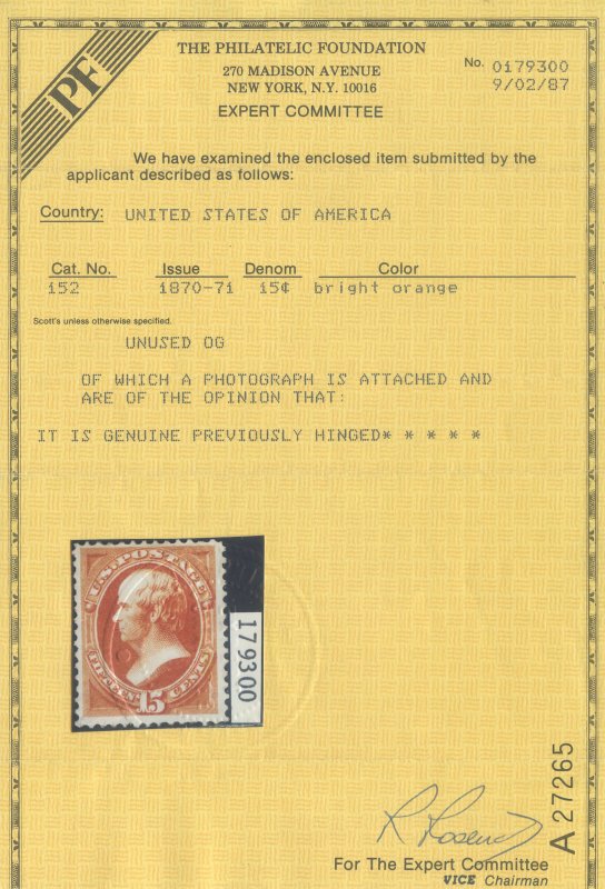 US Scott #152 Mint, FVF, Hinged, PFC