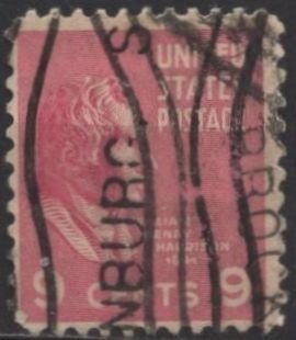 US 814 (used) 9¢ William Henry Harrison, rose pink (1938)
