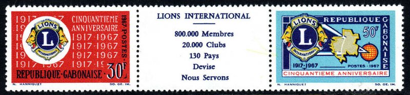 Gabon 209-210a strip/2 with label,MNH.Lions Intl.50th ann.Emblem,Map,Globe,1967