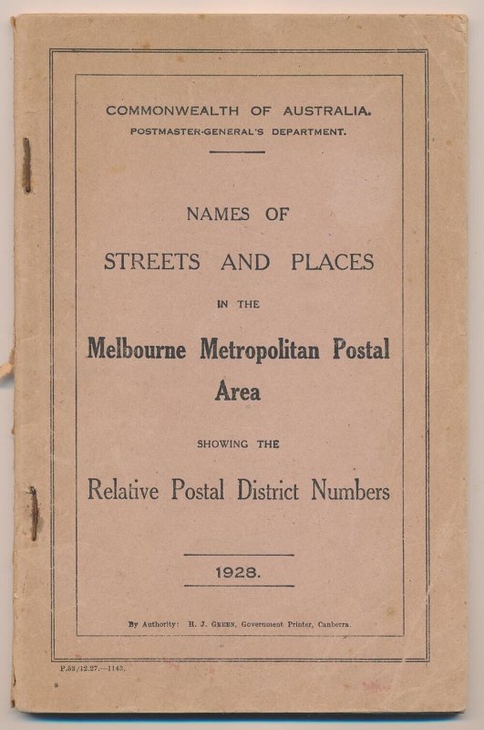 CATALOGUES Australia 1928 Melbourne Metropolitan postal area - Streets & Places