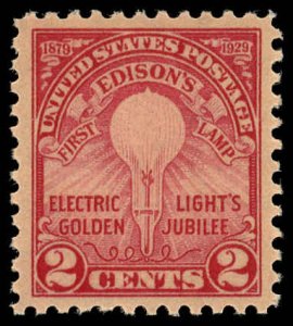 US Sc 654 MNH - 1929 2¢ - Edison's First Lamp - Flate Press, Perf 11