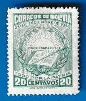 BOLIVIA SCOTT#306 1945 20c GREEN REVOLUTION OF DECEMBER 1943 - MH