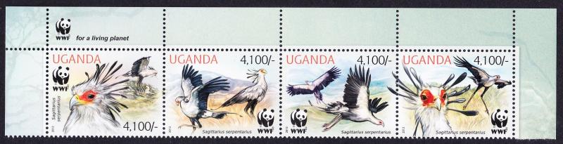 Uganda WWF Secretarybird Top strip of 4v WWF Logo 2012 MNH