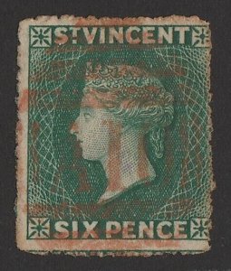 ST. VINCENT 1872 QV 6d dull blue-green, wmk star sideways, perf about 15.