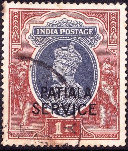 INDIA PATIALA 1939 KGVI 1 Rupee Service' Grey & Red-Brown SGO66 Used