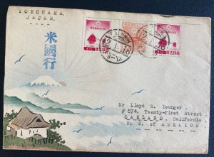 1937 Yokohama Japan Karl Lewis Hand Painted Cover to Oakland CA USA Mt Fuji