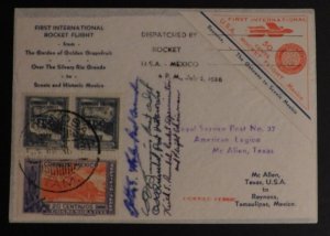 1936 Reynosa Tamps Mexico First Rocket Flight Mail cover To McAllen USA Signed 4