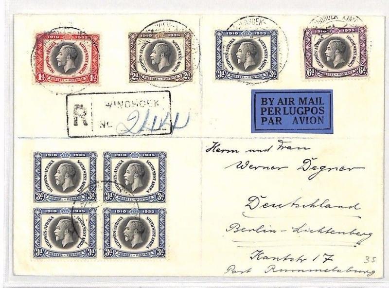 BH72 1932 SOUTH WEST AFRICA Windhoek Registered Airmail Cover GERMANY 