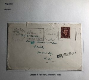 1938 Gibraltar Paqueboat Slogan Cancel Cover To New York USA