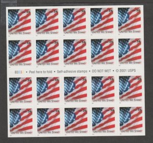 U.S. Scott Scott #3549a American Flag Stamp - Mint NH Booklet Pane - Plate B3333