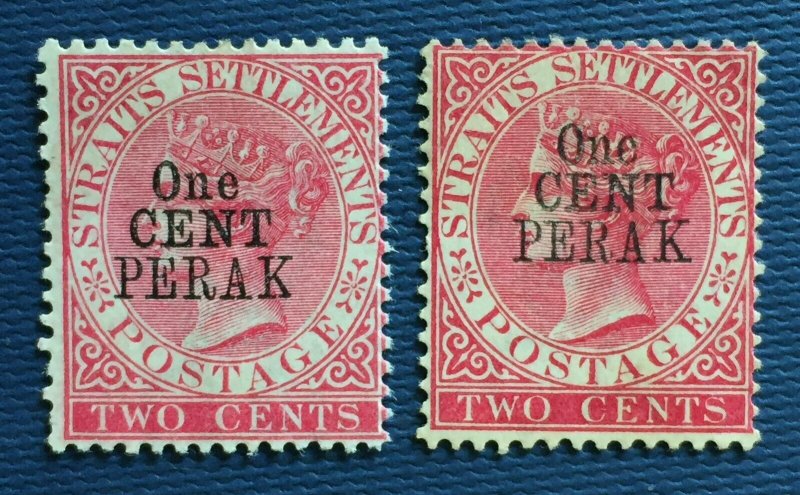 MALAYA 1887-89 One CENT PERAK opt STRAITS SETTLEMENTS QV 2c MintSG#37&37b M4562