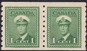 Canada #263 1 cent King George 6, Coil Pair Green Stamp mint OG NH VF