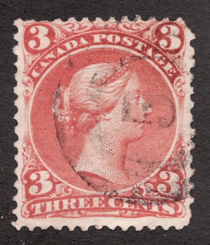 1868 / #25 Used - 3¢ Red - Large Queen Victoria Stamp - Hamilton Canada - cv$40