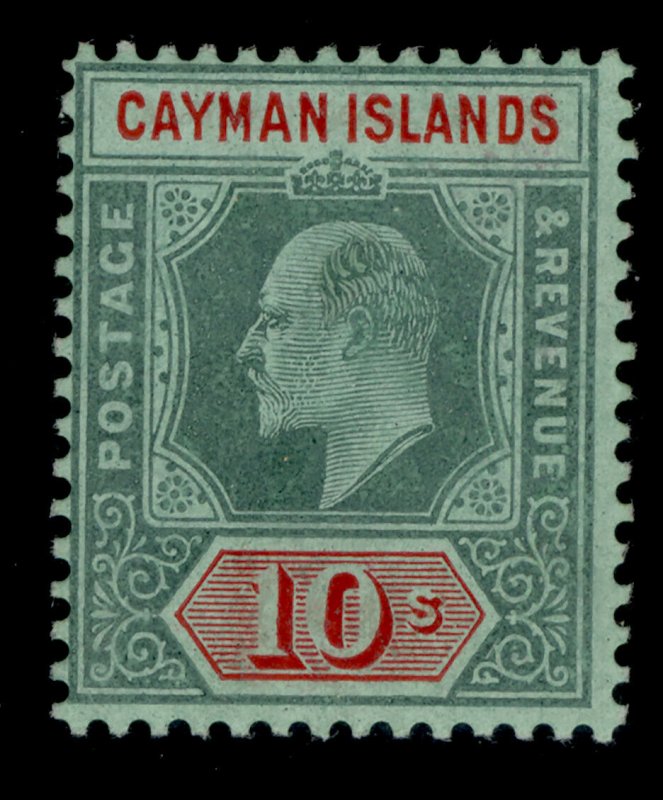 CAYMAN ISLANDS EDVII SG34, 10s green and red/green, VLH MINT. Cat £180.