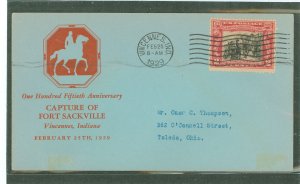 US 651 1929 2c George Rogers Clark/fall of Ft. Sackville on an addressed first day cover with a Floyd Shockley cachet/hinge remn