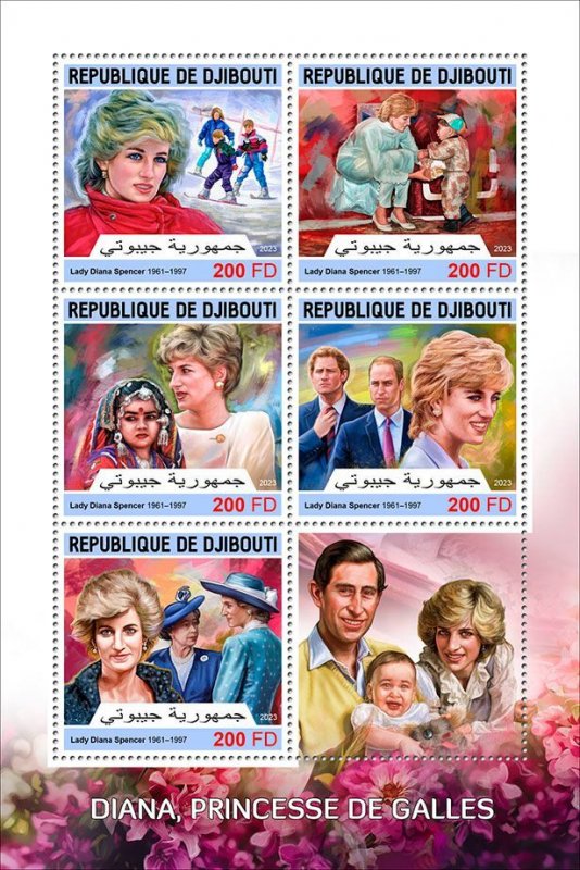 DJIBUTI - 2023 - Diana, Princess of Wales - Perf 5v Sheet - Mint Never Hinged