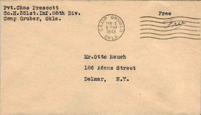 United States A.P.O.'s Soldier's Free Mail 1943 Camp Gruber, Okla. 351st Infa...