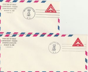 Scott# UC37a Die AM15 2 US airmail envelopes. Luminescent Tagged FDC