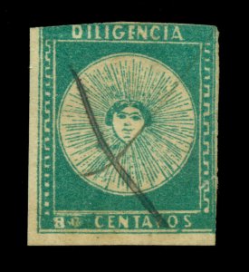 URUGUAY 1856 DILIGENCIAS  80c deep green - Pos. 31 - Scott # 2a  used - Scarce