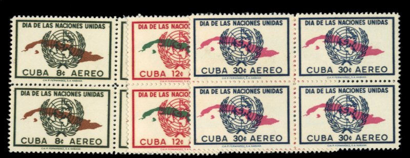 Cuba #C169-171 Cat$24.40, 1957 United Nations, complete set in blocks of four...