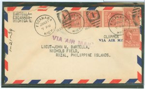 US 815 1939 Five 10c prexies (Tyler) paid the 50c per half ounce rate to/from the Philippines on this 1939 clipper cover sent fr