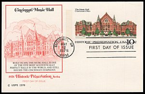 United States UX73, FDC, Cincinnati Music Hall, Fleetwood cachet