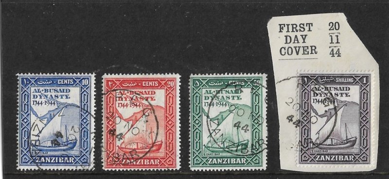 ZANZIBAR 1944 BICENTENARY SET SG 327/330 WITH FIRST DAY OF ISSUE PMKS Cat £10+