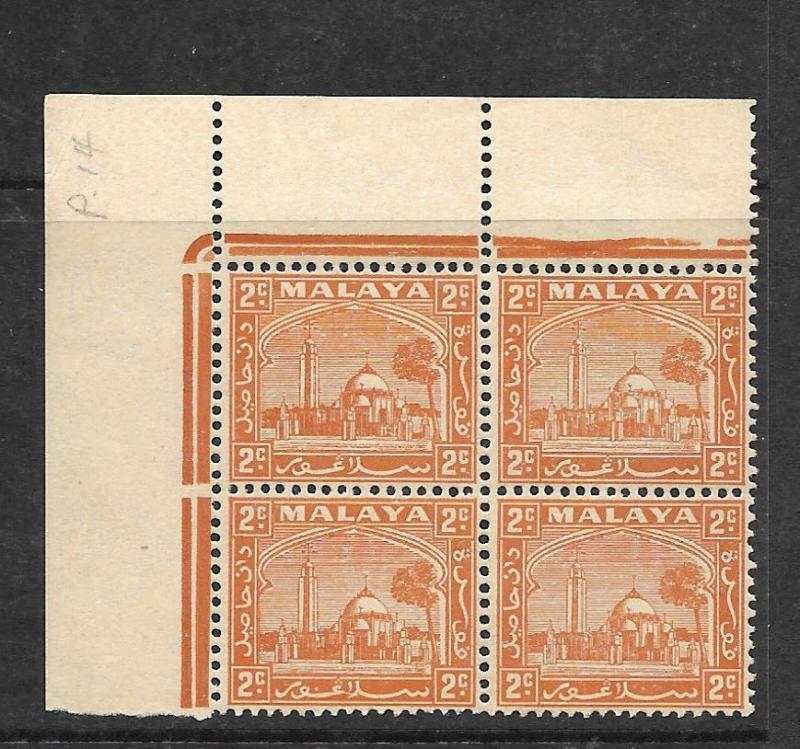 MALAYA SELANGOR (P3012B)  MOSQUE 2C SG70A(3)+70AB BL OF 4 MNH  RARE