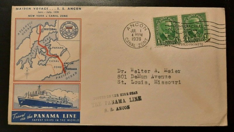 1939 Maiden Voyage Cachet SS Ancon Panama Line Ancon Canal Zone St Louis MO 