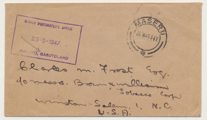 BASUTOLAND 1947 OFFICIAL COVER, BOXED CACHET, MASERU TO USA  (SEE BELOW)