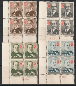 Cuba 1958 Sc 603-6 set plate blocks MNH**