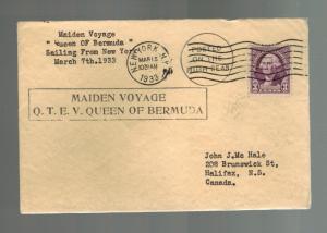 1933 USA Cover Maiden Voyage QTEV Queen Bermuda of  Ship to Canada 