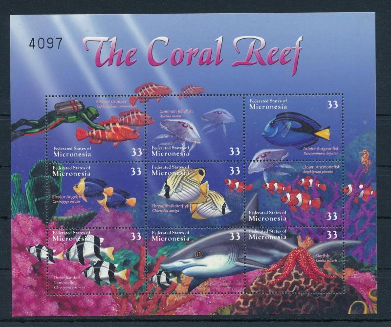 [23493] Micronesia 2000 Marine Life Fish Corals Diving Shark Sheet MNH